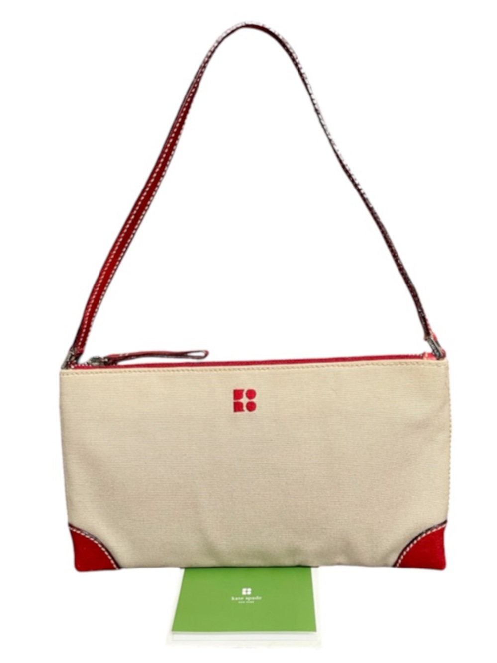 Kate Spade Made in Italy Vintage Cream Canvas & Red Leather Shoulder Bag